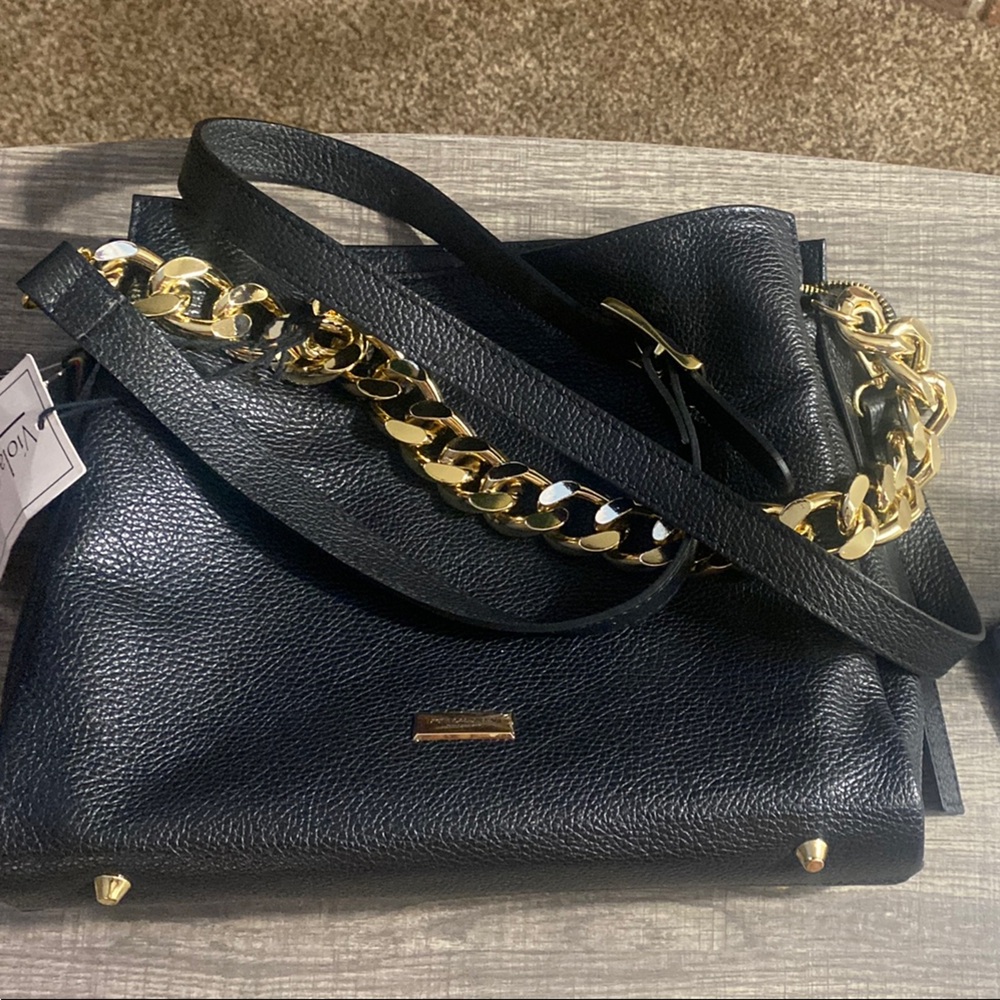 Black and Gold Structured Shoulder Bag with Chain Accent